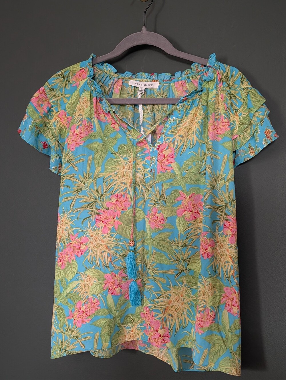 Rose & Olive Blue Floral Tassel Peasant Top 0038 - Picture 1 of 10